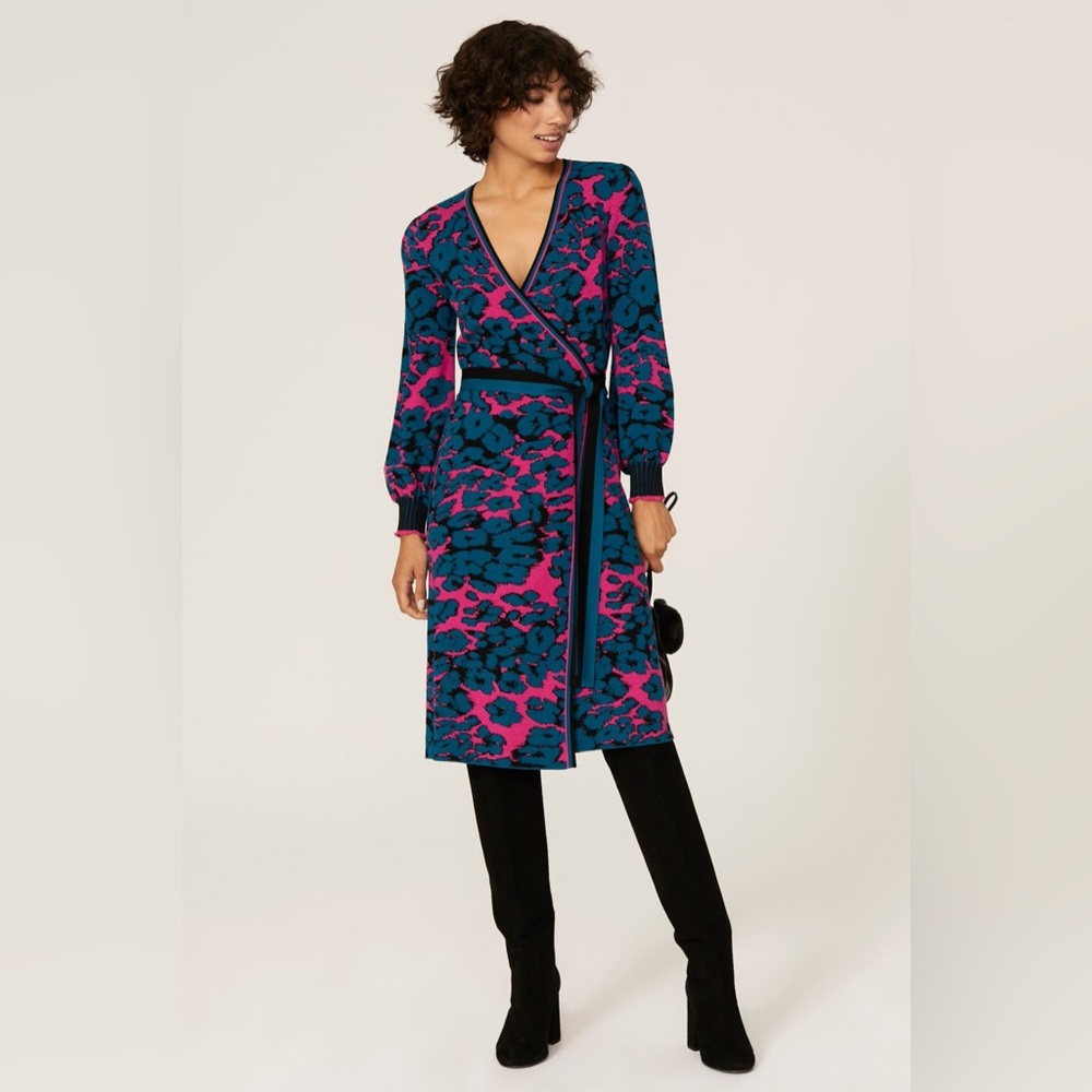 diane von furstenberg lois dress wrap leopard teal womens size M NWT